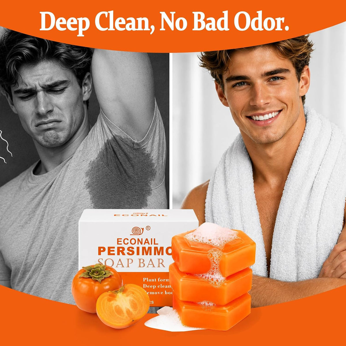 Persimmon Deodorant Bar Soap for Body Odor & Foot Freshness - Natural Cleansing with Mesh