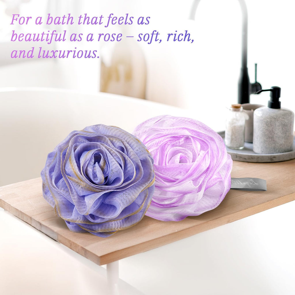 Rose-Shaped Bath & Shower Loofah Set - 2 Body Scrubbers in Purple and Grey