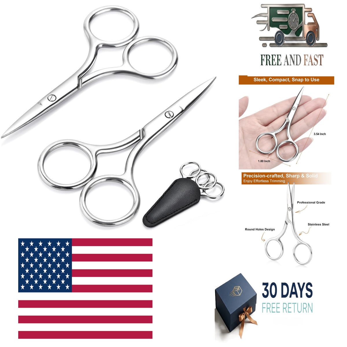 Professional Eyebrow & Facial Hair Scissors Set - Stainless Steel, 2 Pack