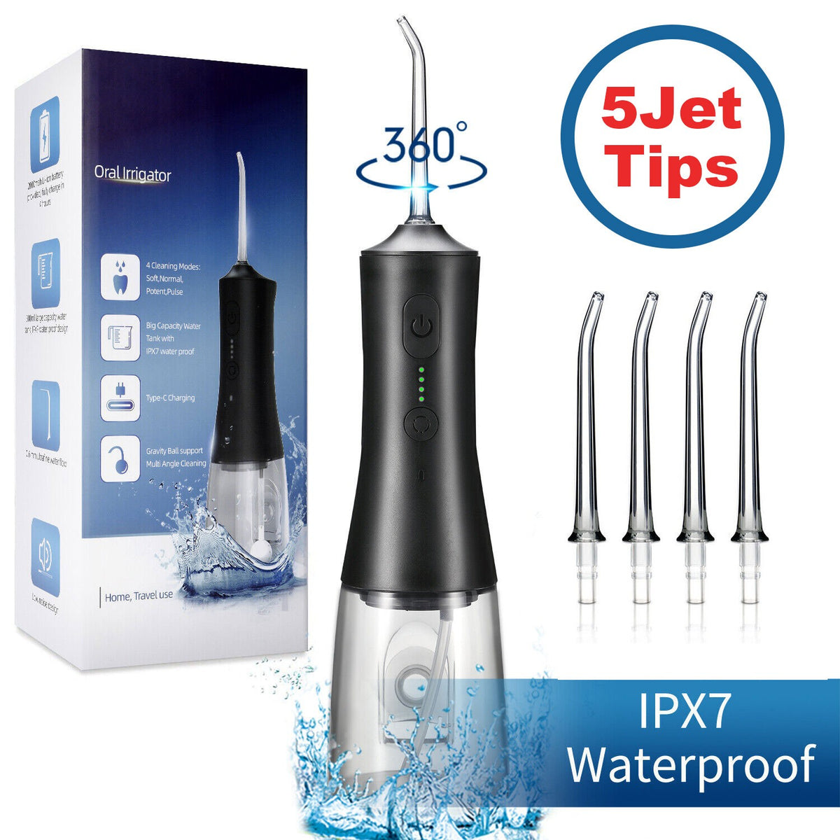 Cordless Water Flosser Oral Irrigator with 5 Jet Tips - Rechargeable Portable Dental Cleaner
