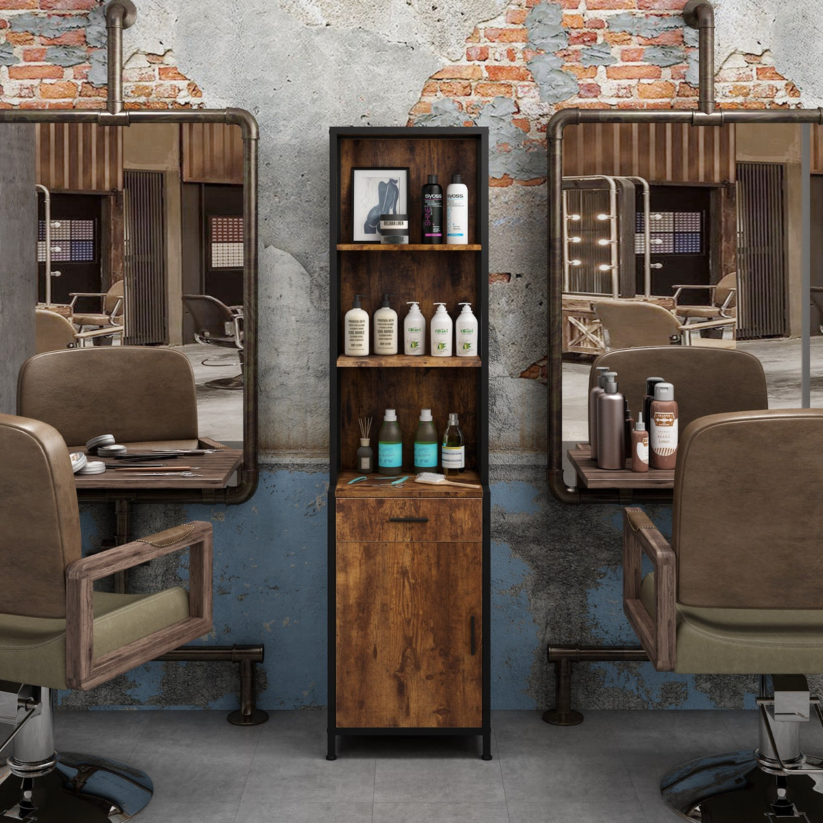 Salon Storage Cabinet for Hair Stylists with 3-Tier Shelves and Bottom Lockable Cabinet