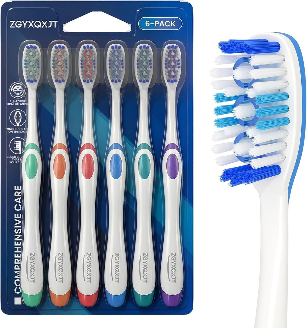 Manual Toothbrushes Pack with Wavy Bristles & Tongue Cleaner for Adults