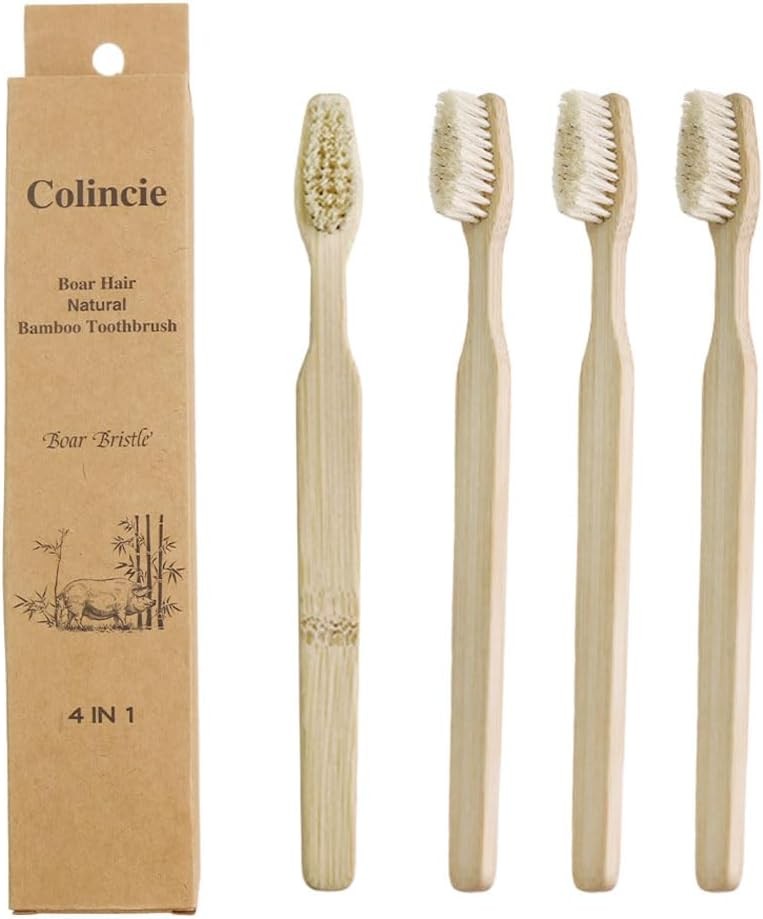 Bamboo Toothbrush Set with Boar Bristles - Biodegradable Natural Wooden Handle