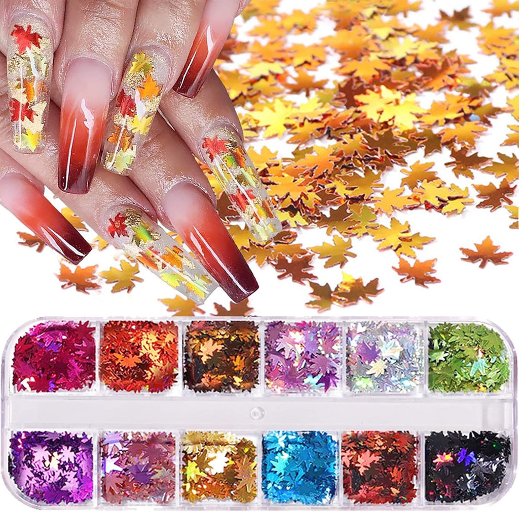 Fall Leaf Glitter Nail Sequins - 12 Color Holographic Maple Leaf Flakes for Nail Art
