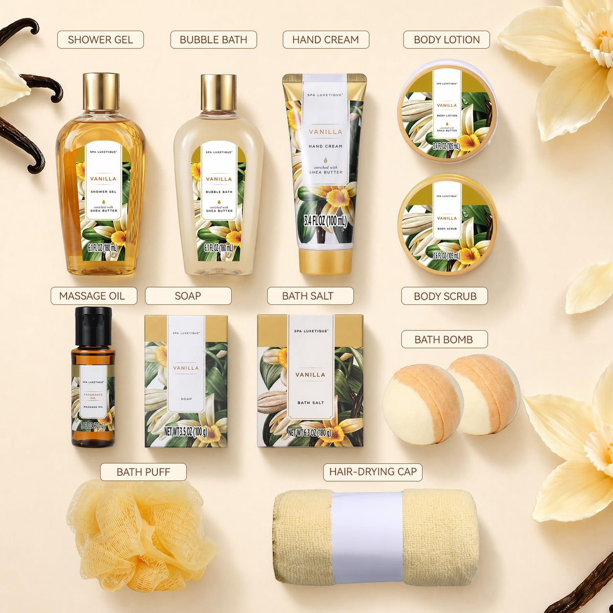Luxury Spa Gift Basket for Women - 12-Piece Vanilla Bath & Body Set