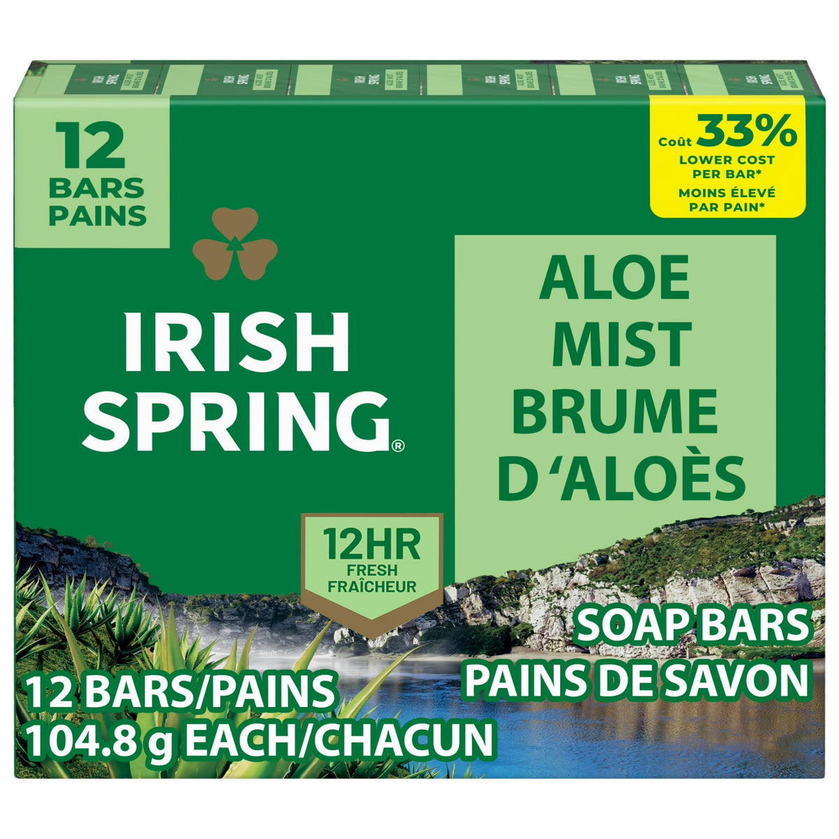 Irish Spring Aloe Mist Deodorant Bar Soap for Men - 12 Pack, 3.7 Oz
