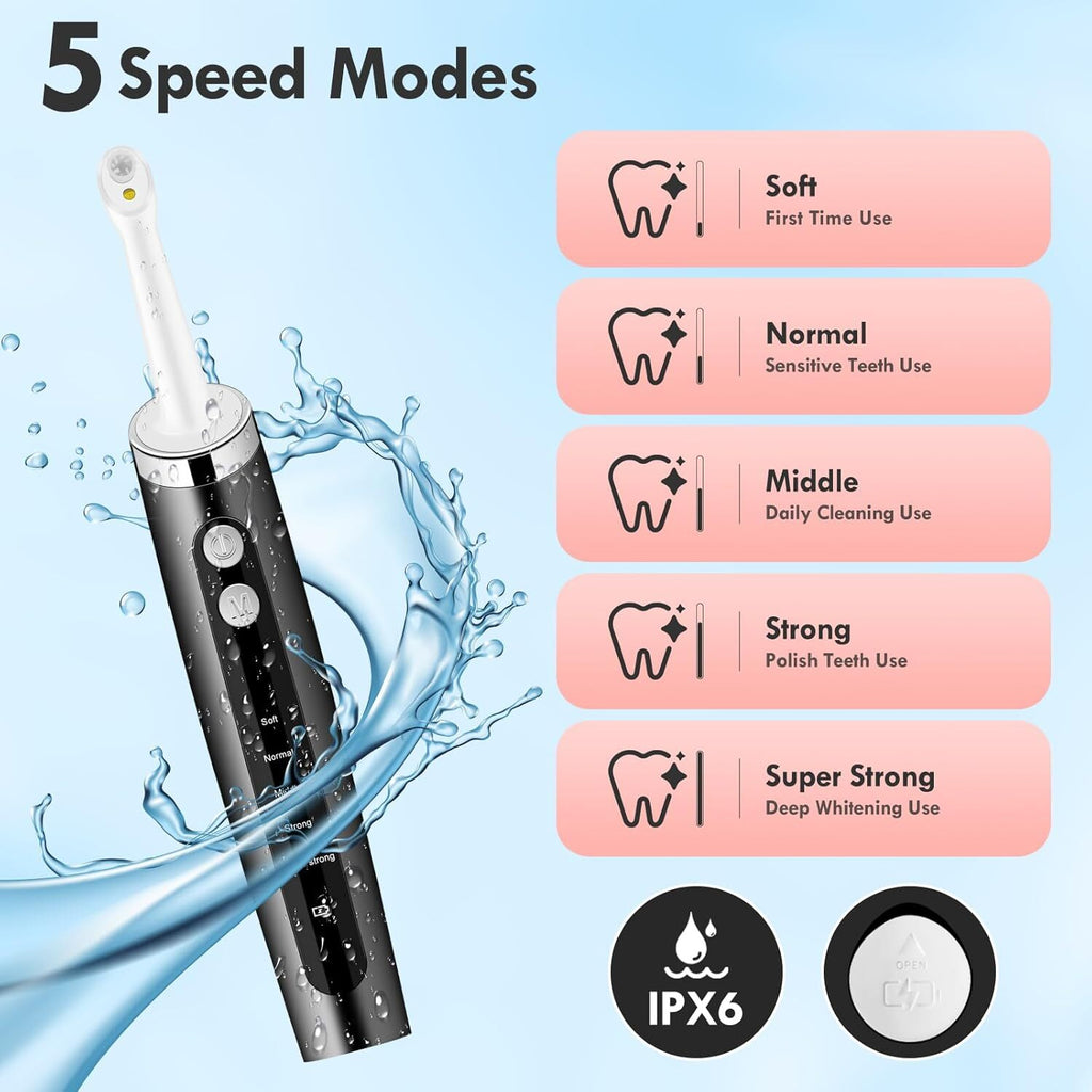 Electric Tooth Polisher for Daily Cleaning & Whitening - Rechargeable USB, 5 Speed Modes, 5 Brush Heads