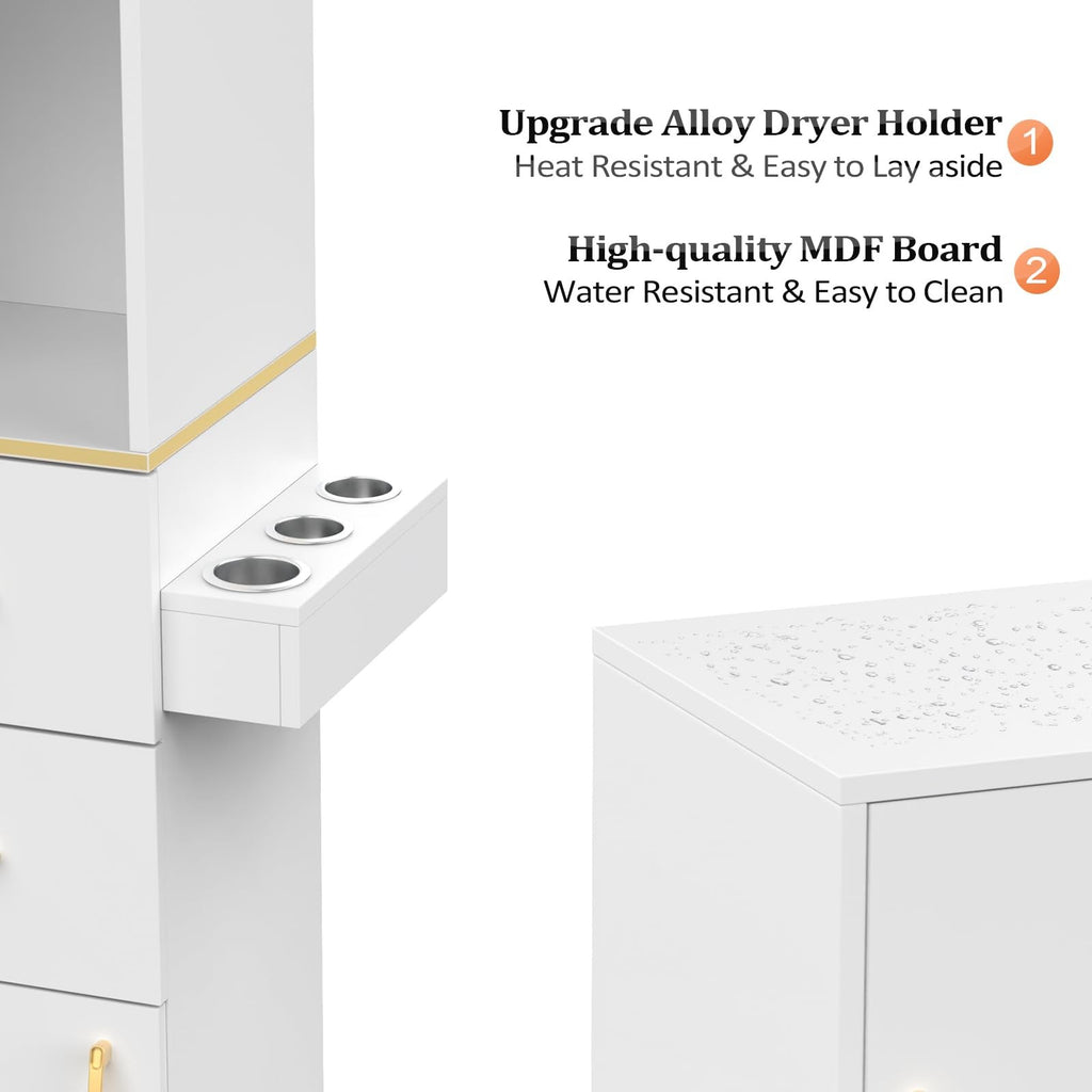Salon Storage Station with 2 Drawers & 6 Hair Dryer Holders - White Gold