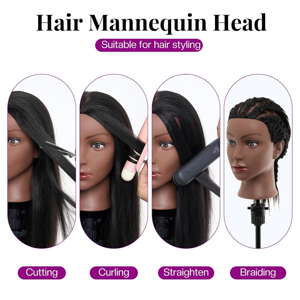 Human Hair Mannequin Head with Stand for Hair Styling and Practice