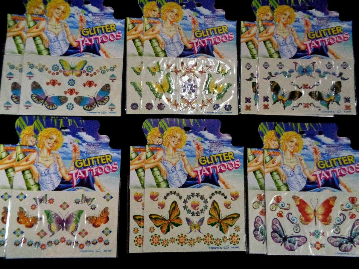 Temporary Glitter Butterfly Tattoo Stickers Set - 12 Sheets, 6 Designs