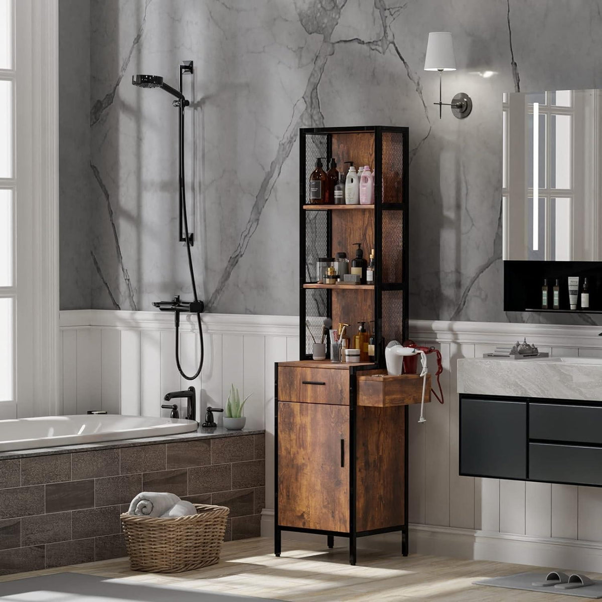 Wall Mount Hair Styling Salon Station with Drawer and Storage Cabinet