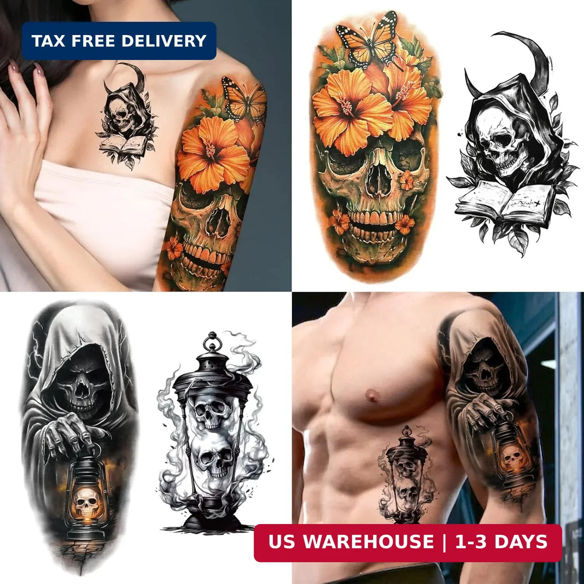 Temporary Tattoos 77 Sheets Skeleton Skull Set for Adults, Large & Small Sizes