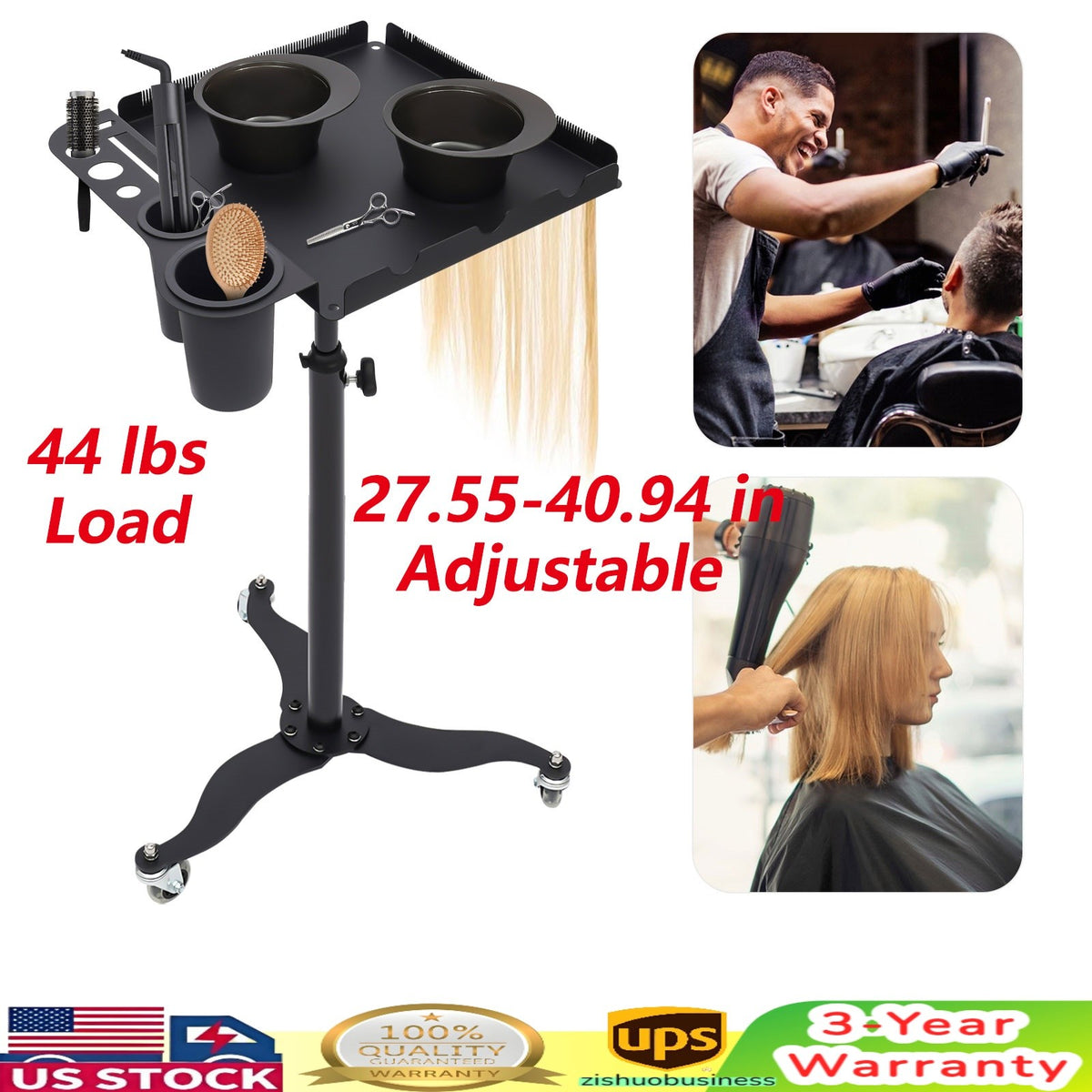 Mobile Salon Hairdressing Cart with 2 Bowls & Rolling Service Tray, Stainless Steel