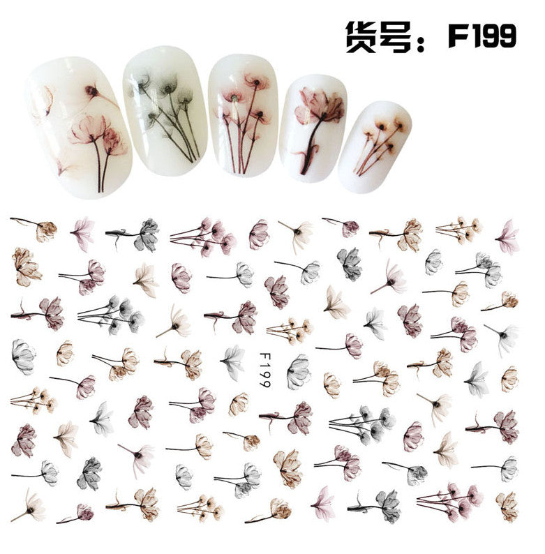 Water Effect Nail Art Decals Flowers Brown Transfer Stickers for Nails