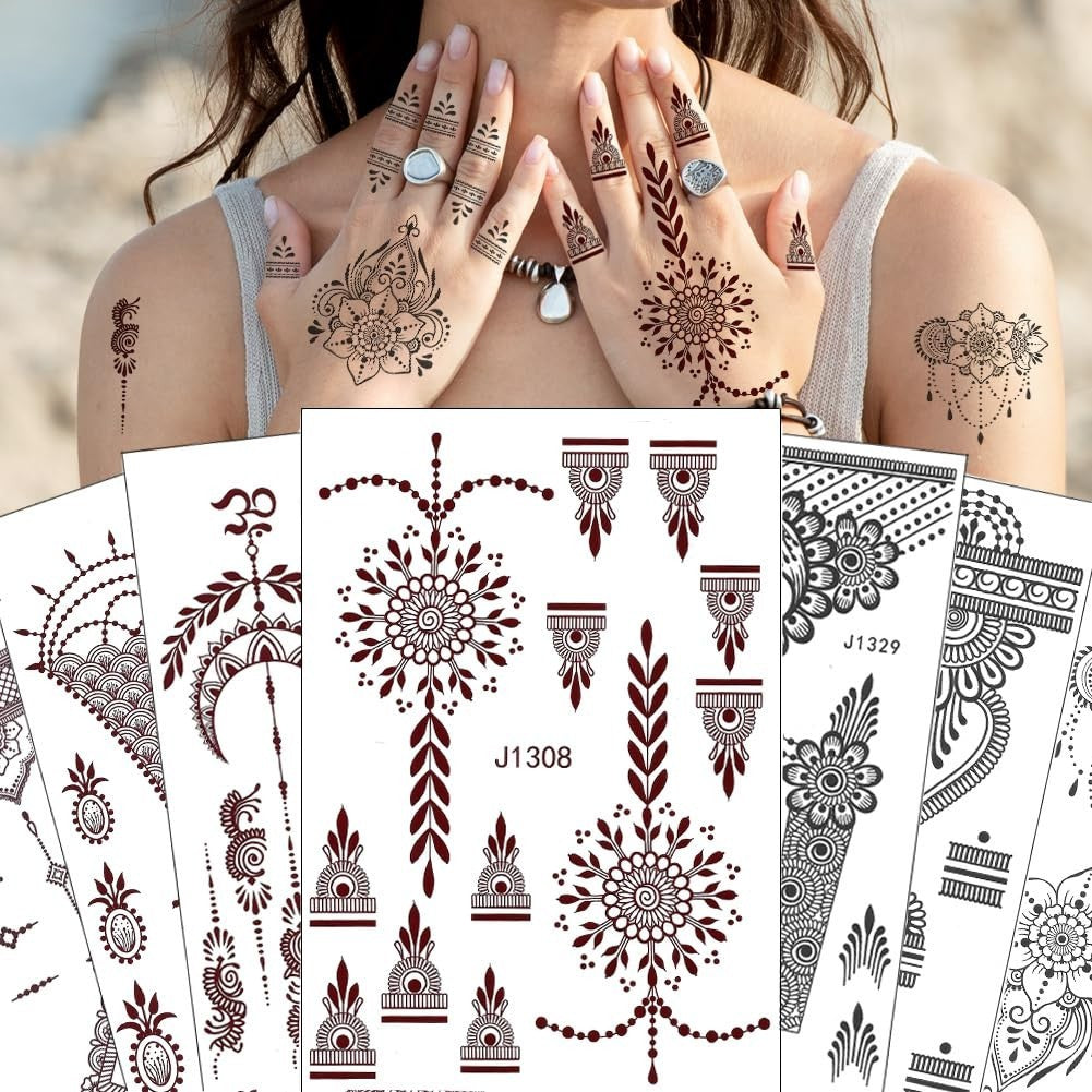 Versatile Henna Tattoo Stickers Kit – 12 Waterproof Sheets for Parties