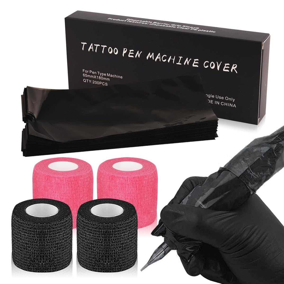 Large Tattoo Machine Covers 200Pcs with Black Pen Bags + 4Pcs Disposable Grip Tape