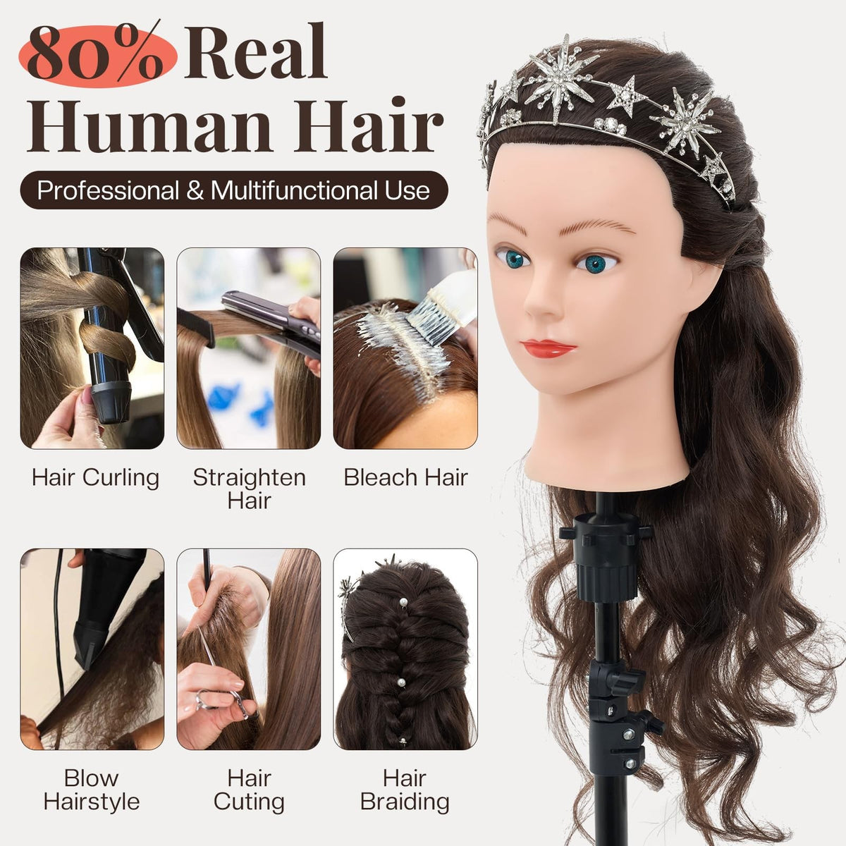 28 Inch Real Hair Mannequin Head for Hair Styling Cosmetology Practice