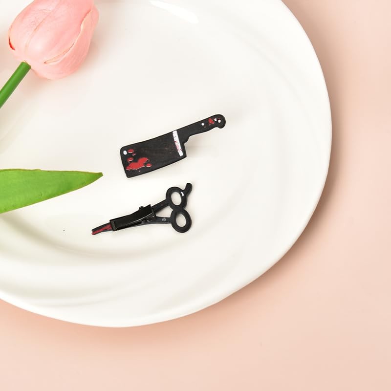 Gothic Halloween Blood Hair Clips - Scissor & Knife Shaped Accessories, Pack of 2