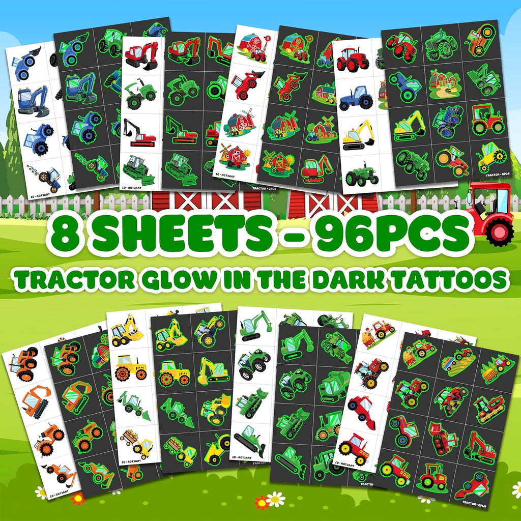 Glow-in-the-Dark Tractor Temporary Tattoos - 96 Pcs Pre-Cut Kids Tattoos
