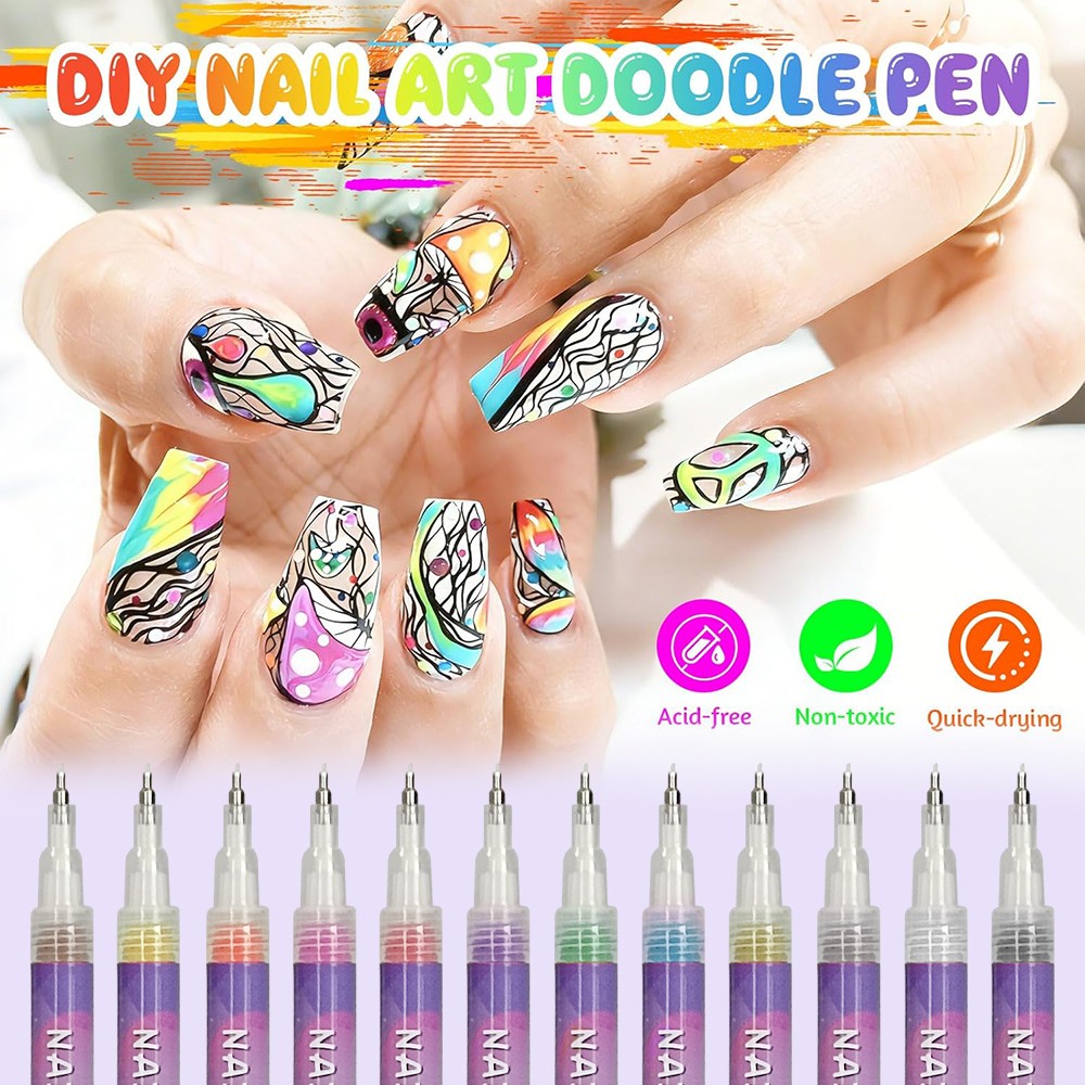 12 Colors Nail Art Pens Set with Fine Tips for DIY Manicure Designs