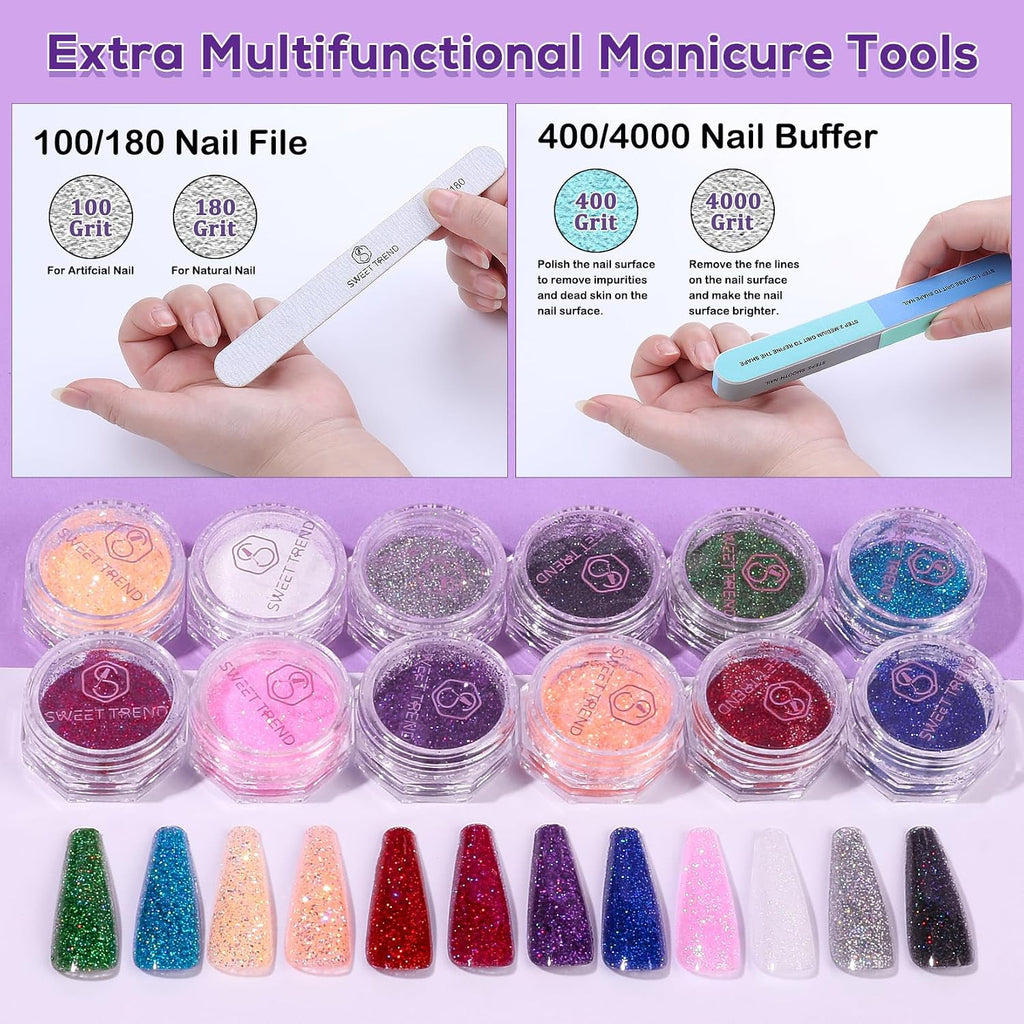 Beginner Acrylic Nail Kit with Glitter Powders & Tools - Professional Salon Set