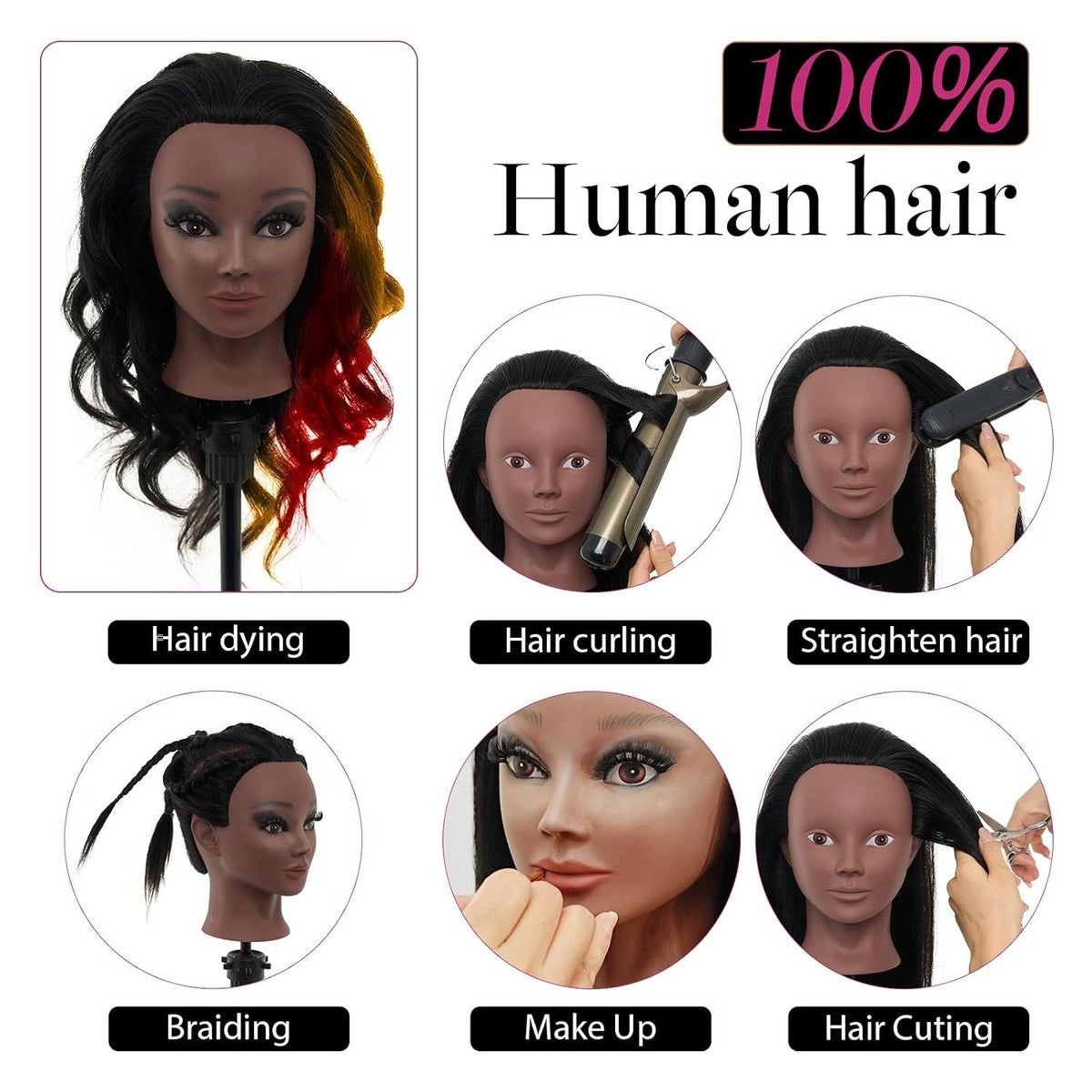 18-Inch Real Hair Mannequin Head with Stand for Makeup & Hairstyling Practice