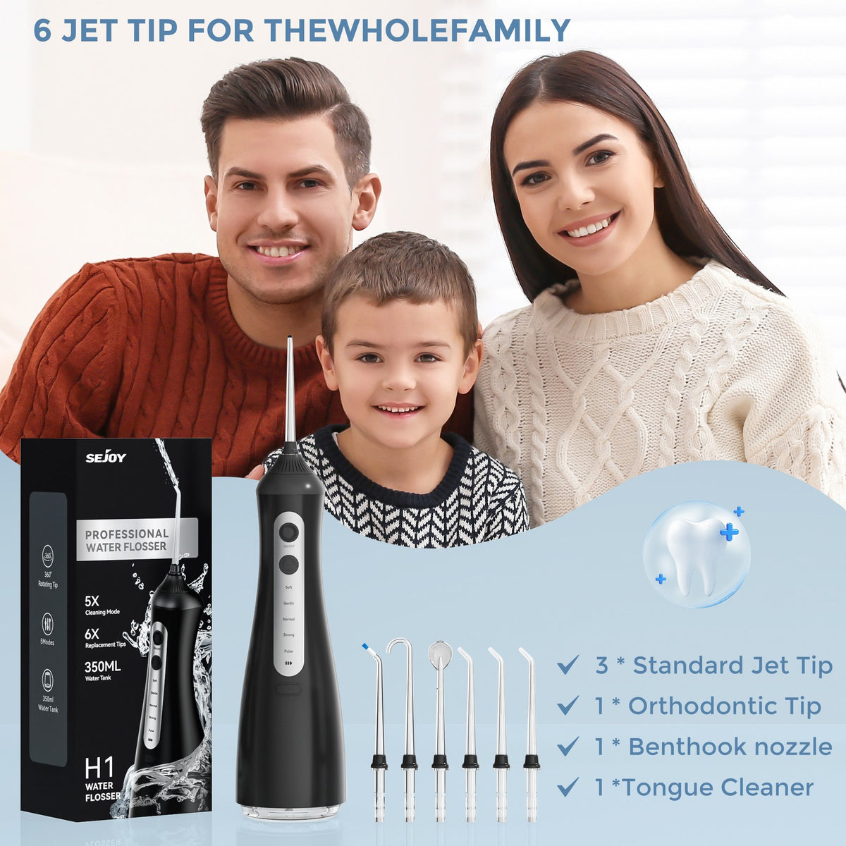 Cordless Water Flosser Dental Oral Irrigator with 6 Nozzles & 5 Modes