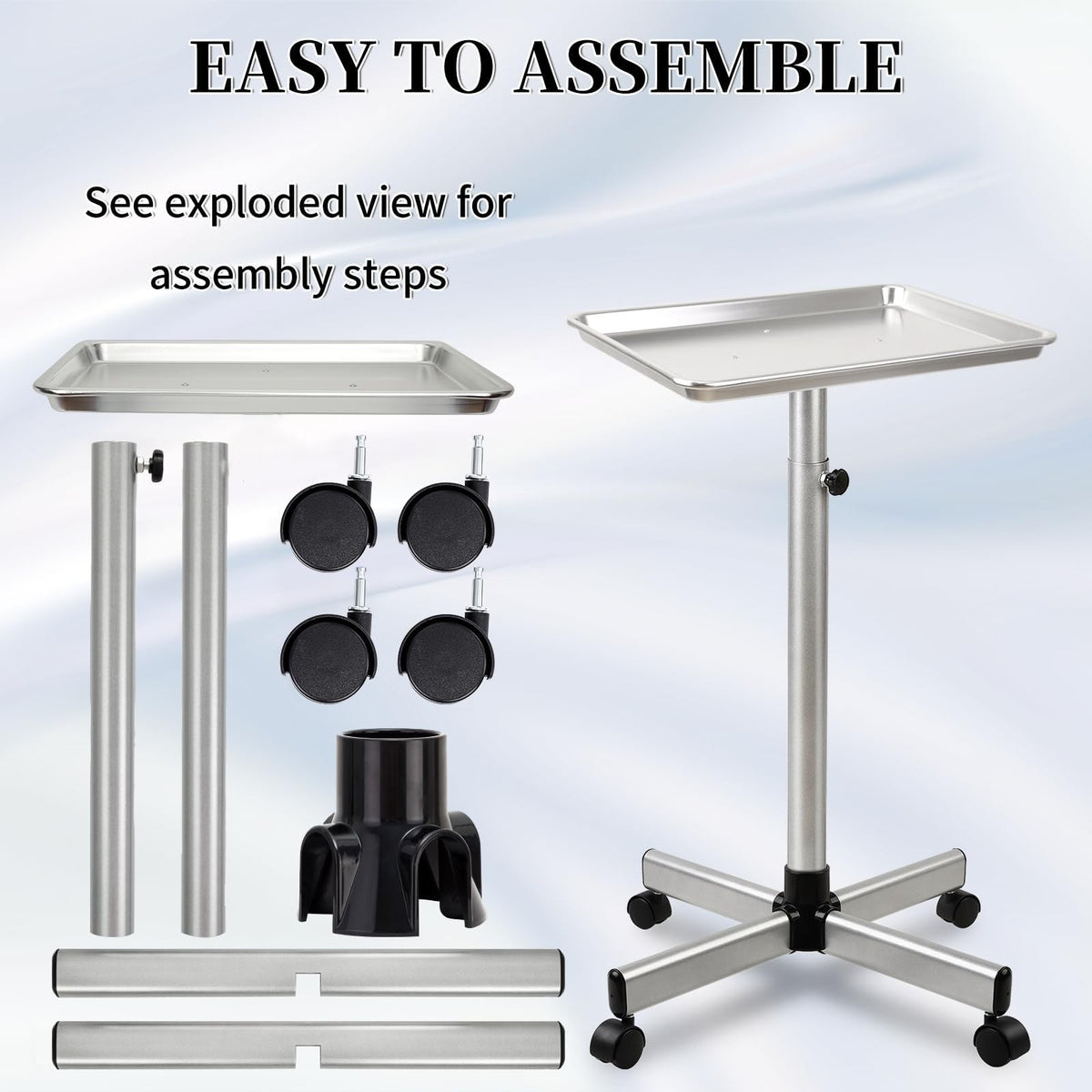 Adjustable Salon Color & Tattoo Tray Cart with Wheels, Height Adjustable