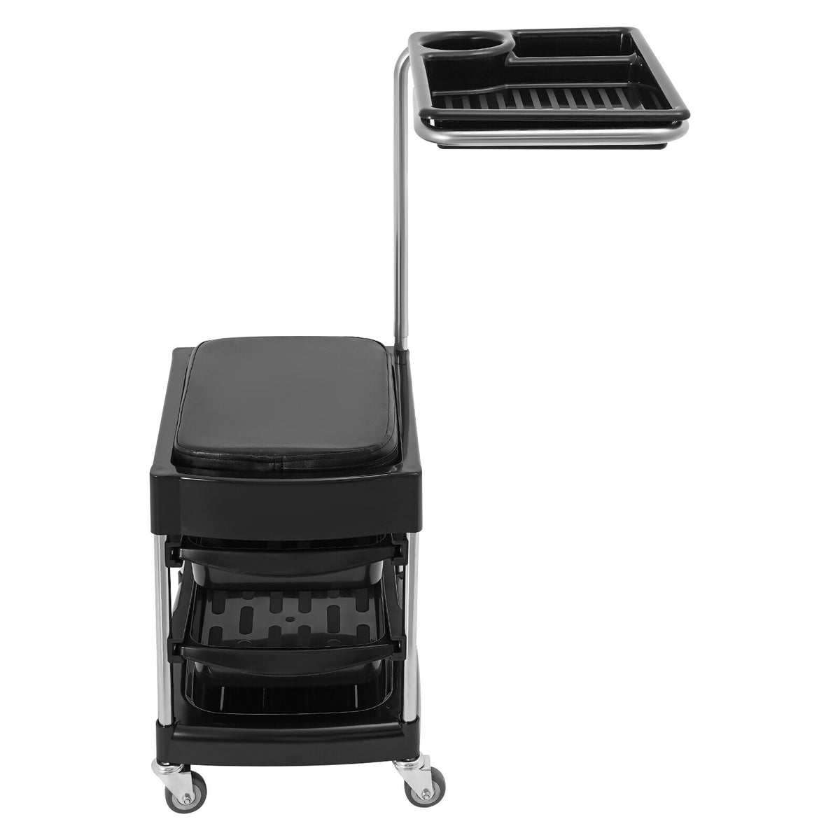 Salon Hair Tool Cart with Seat and 3 Tiers, Rolling Storage Trolley, Black