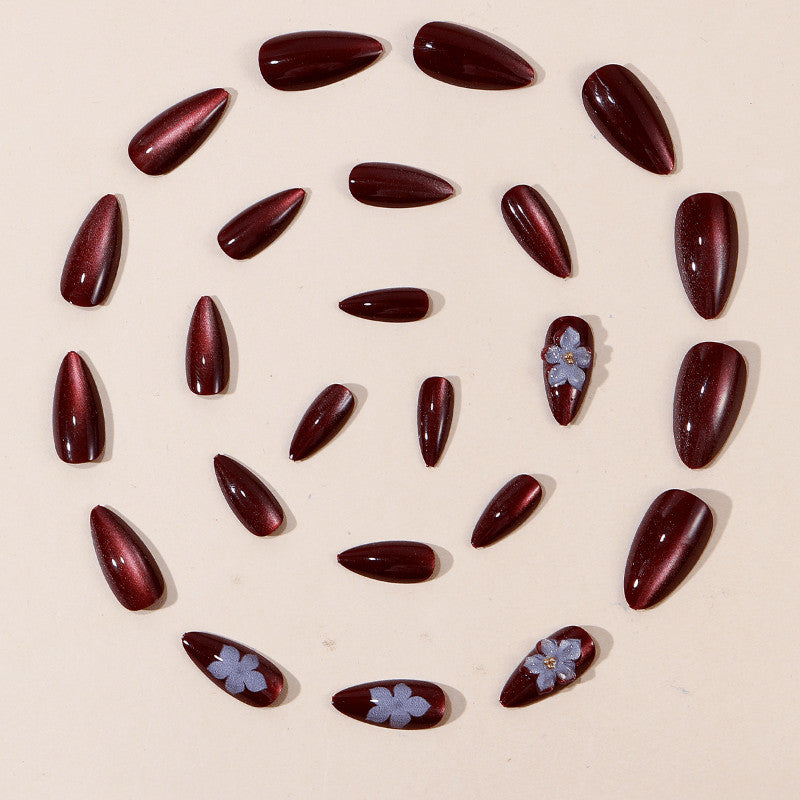 48Pcs Brown Cat Eye Floral Almond Fake Nails - Trendy Press-On Manicure