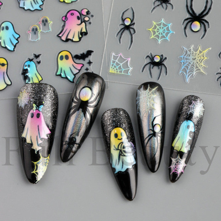 Rainbow Ghost Bat Cat Halloween Nail Stickers 2 Sheets 3D Embossed Decals