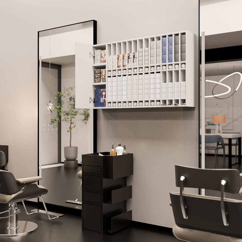 Wall-Mounted Hair Color Organizer with Adjustable Shelves for Salon Storage