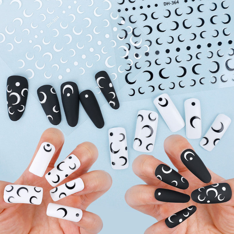 French Crescent Moon Nail Stickers Set - Black & White 3D Transfer Decals for Manicure