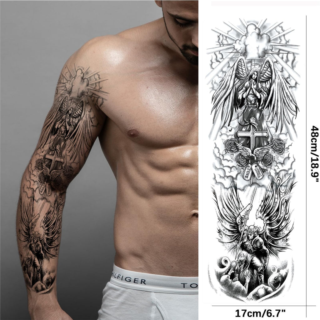 Christian Cross Temporary Tattoo Sleeve for Men – 4-Sheet Full Arm Religious Tattoo Kit