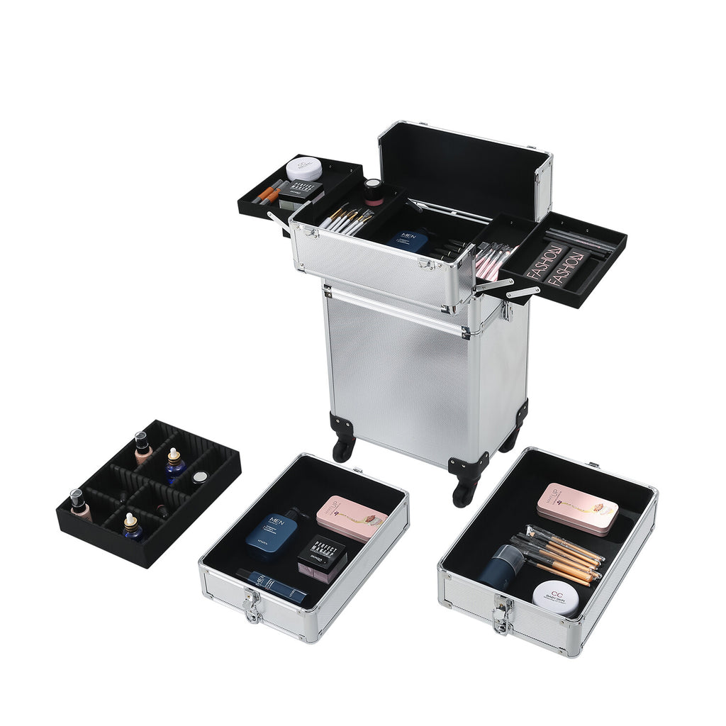 4-in-1 Aluminum Rolling Makeup Train Case with Drawers and Wheels