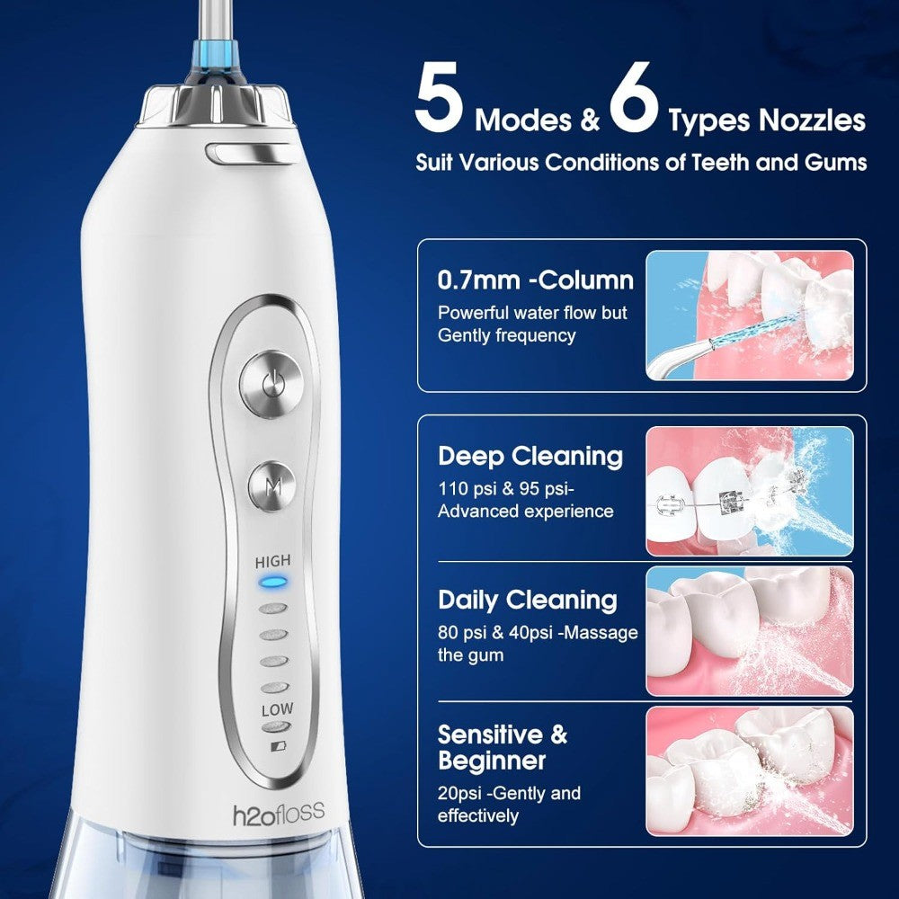 Portable Water Flosser Dental Water Jet with 5 Modes & 6 Tips - Oral Care