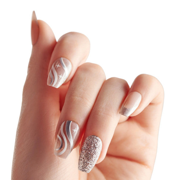 Press On Nails Silver Glitter Coffin Set No Glue Medium Length - 2 Pack