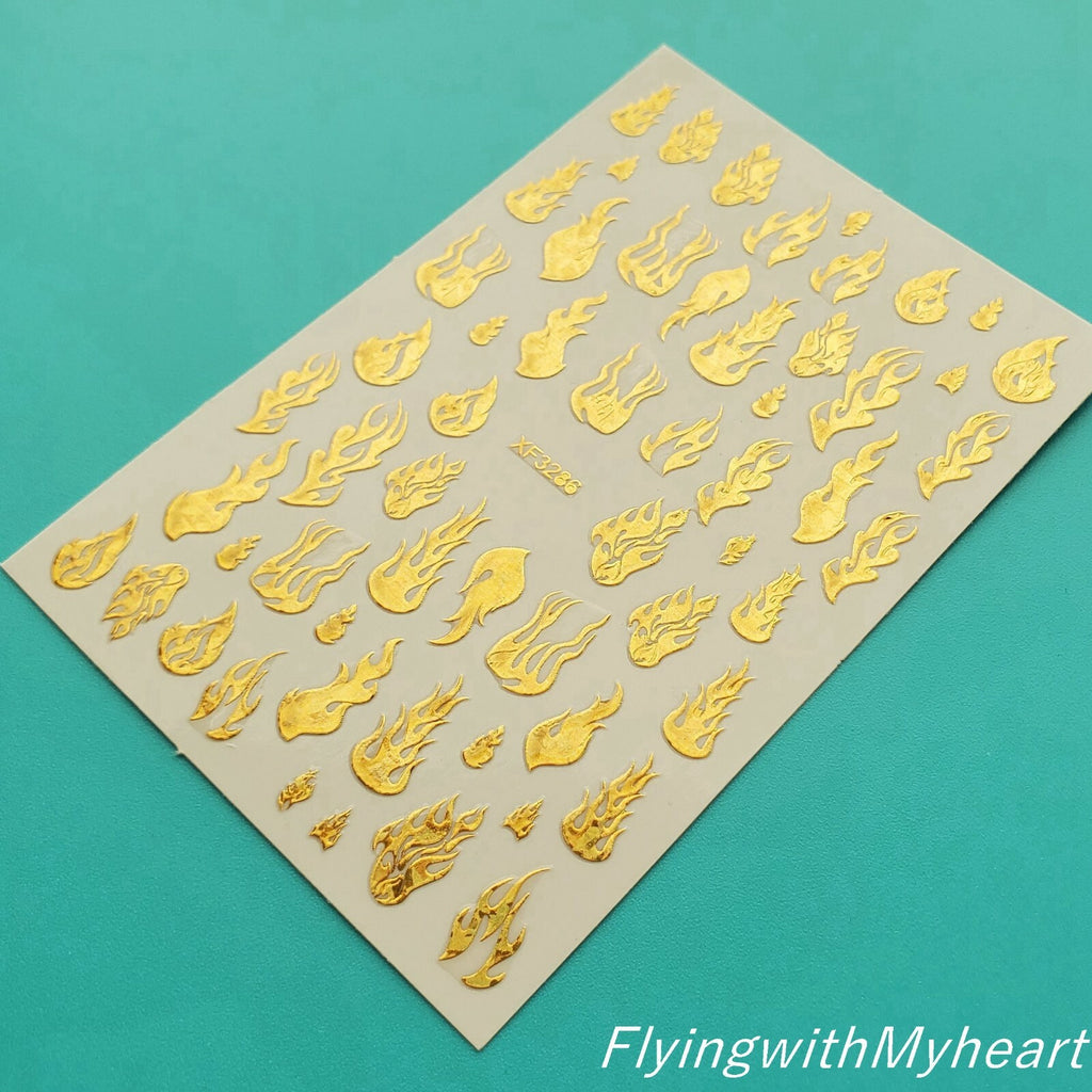 Laser Gold Fire Flame Nail Decal Stickers - Self-Adhesive Nail Art Sheets (5 Colors)