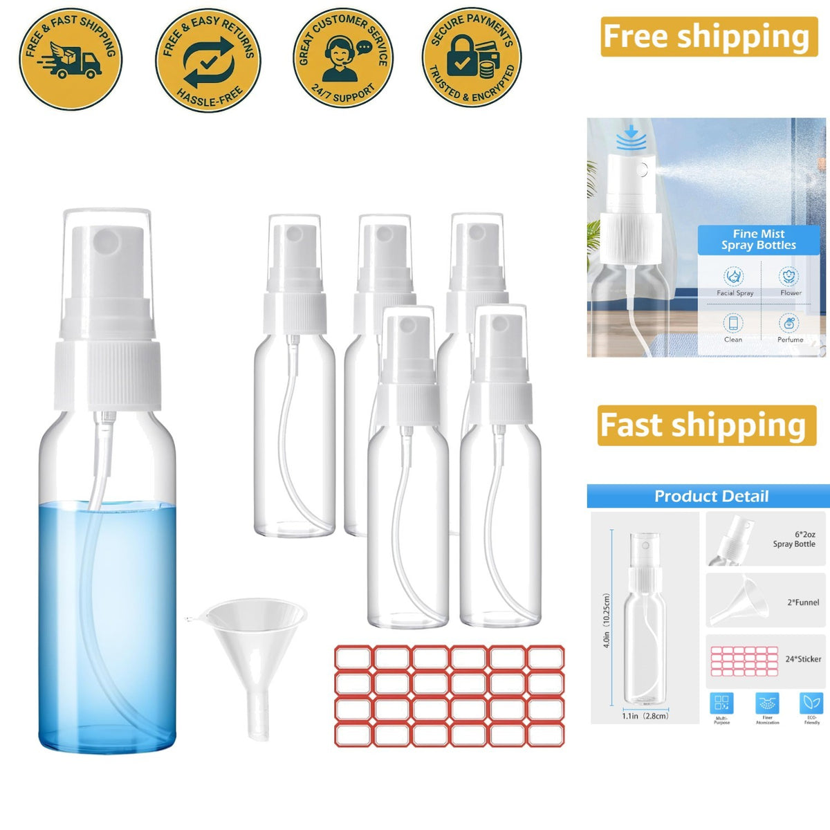 TSA Approved 1oz Travel Spray Bottle Set - Leak-Proof, Refillable, 6 Pack