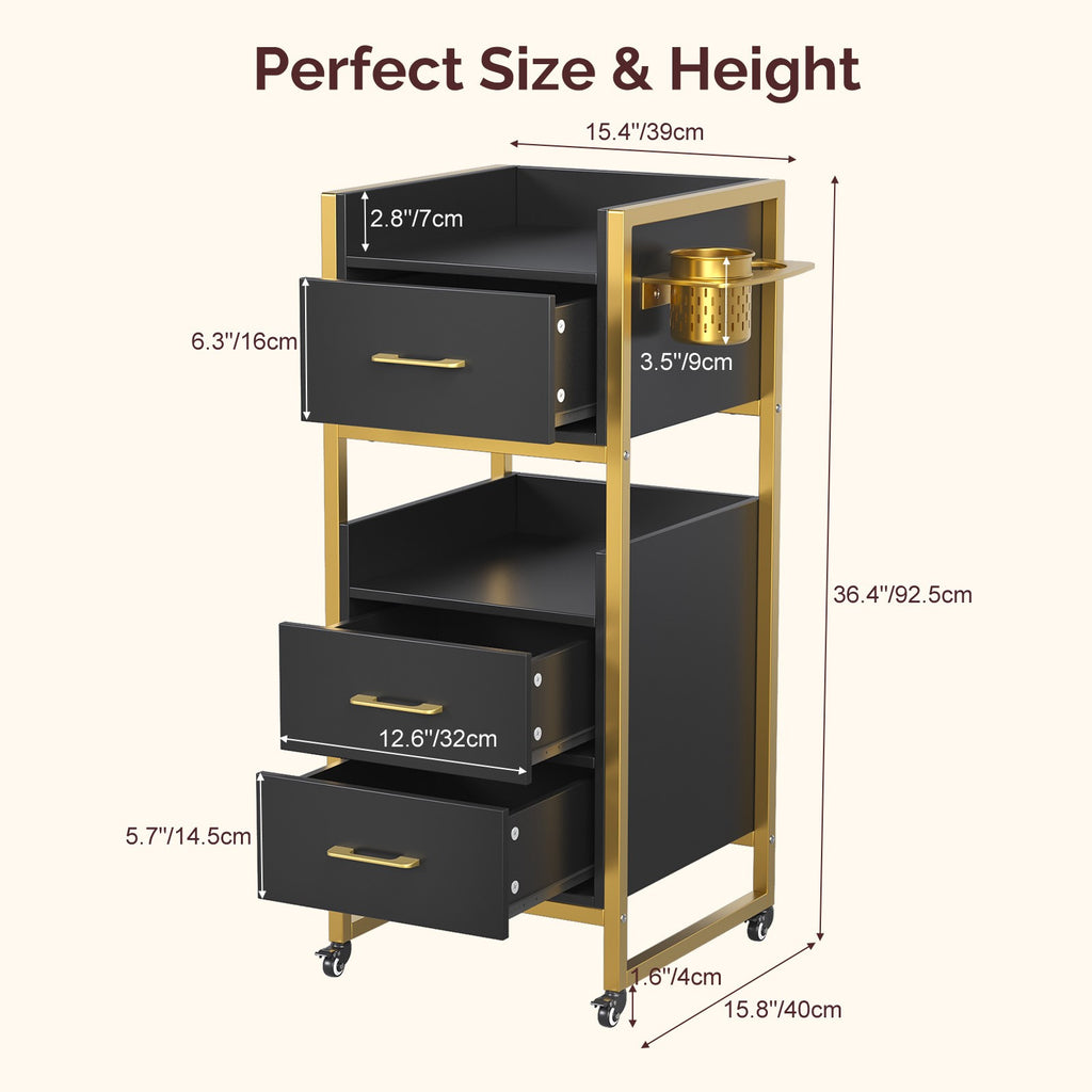 Mobile Salon Trolley Cart with 3 Drawers & Shelves for Beauty & Spa