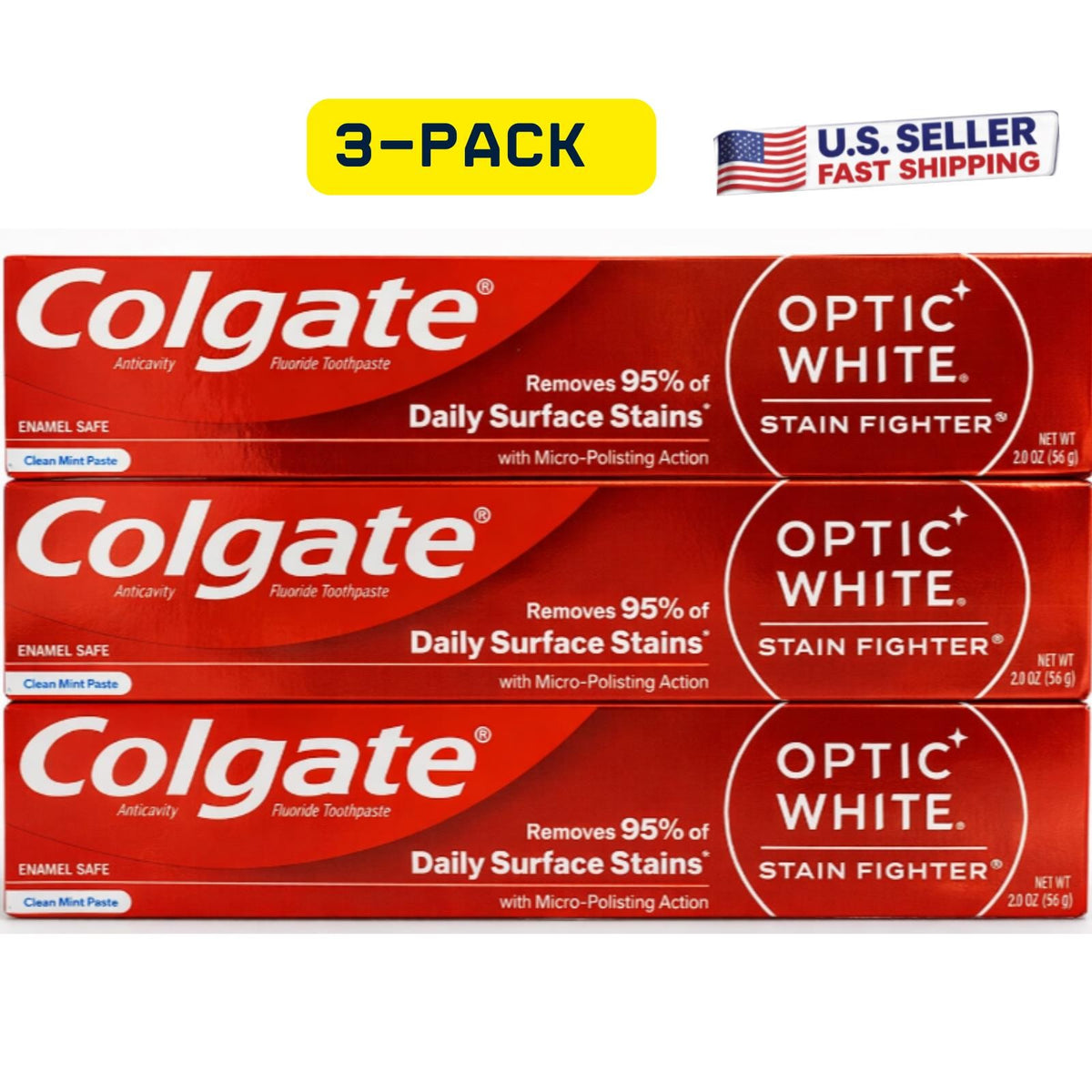 Travel Size Toothpaste Pack - 3 Pack Colgate Optic White Stain Fighter, Clean Mint