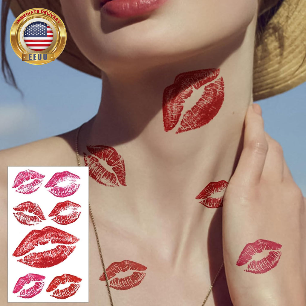 Temporary Lip Tattoo Set - 12 Sheets Red Kiss Heart Print Lip Stick Tattoos