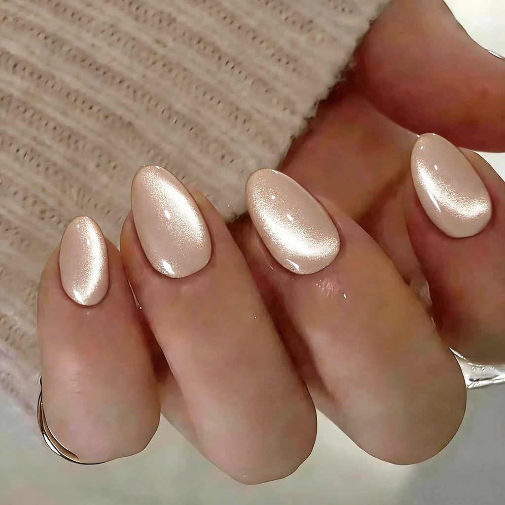 Short Oval Flirt Cat Eye Nail Tips Set - Beige Full Cover, 24 Count
