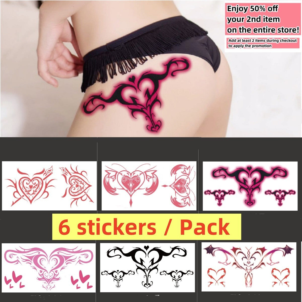 Set of 6 Temporary Tattoo Sheets - Sexy Naughty Body Art Stickers