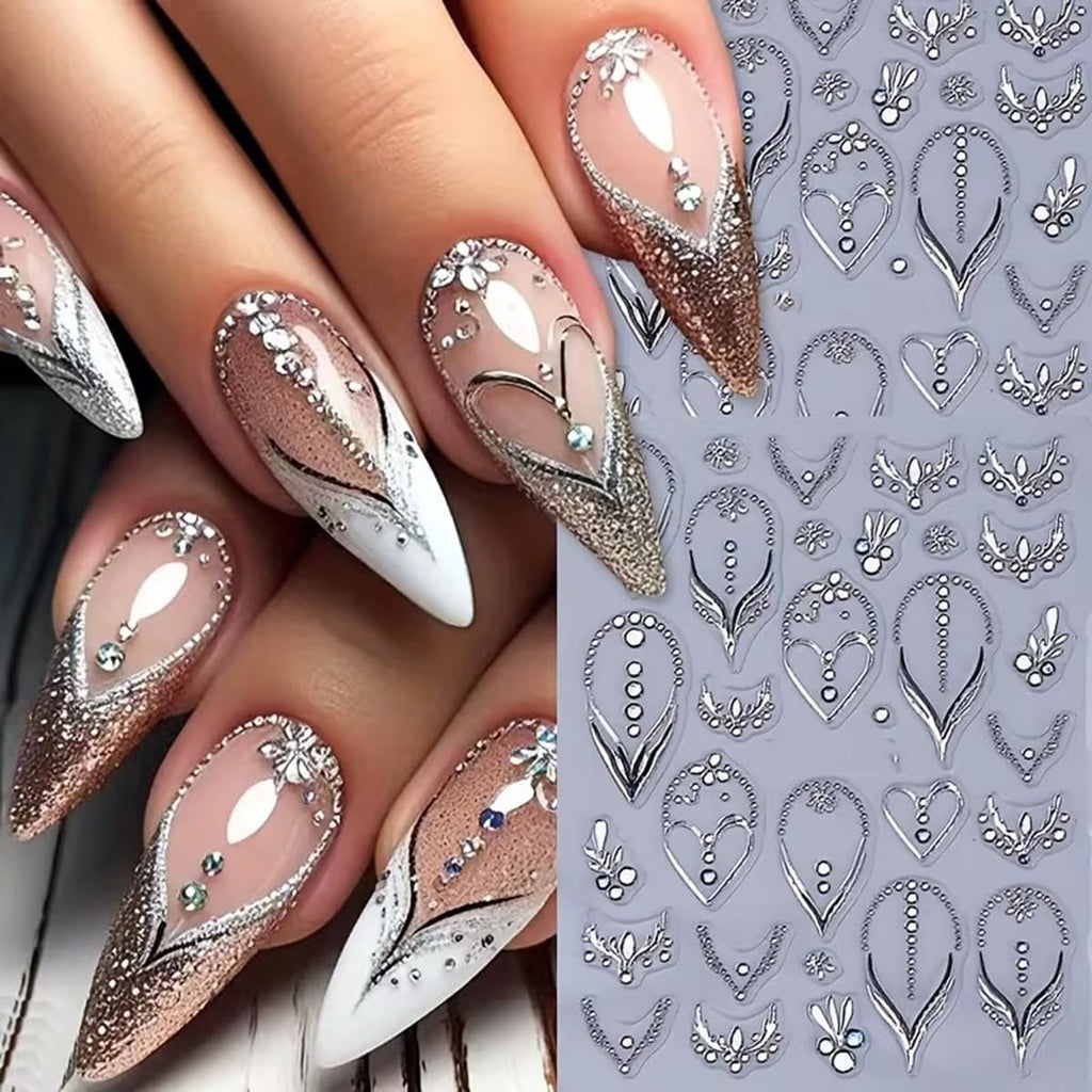 French Nail Art Stickers with 3D Rhinestones & Embossed Designs - 2PCS
