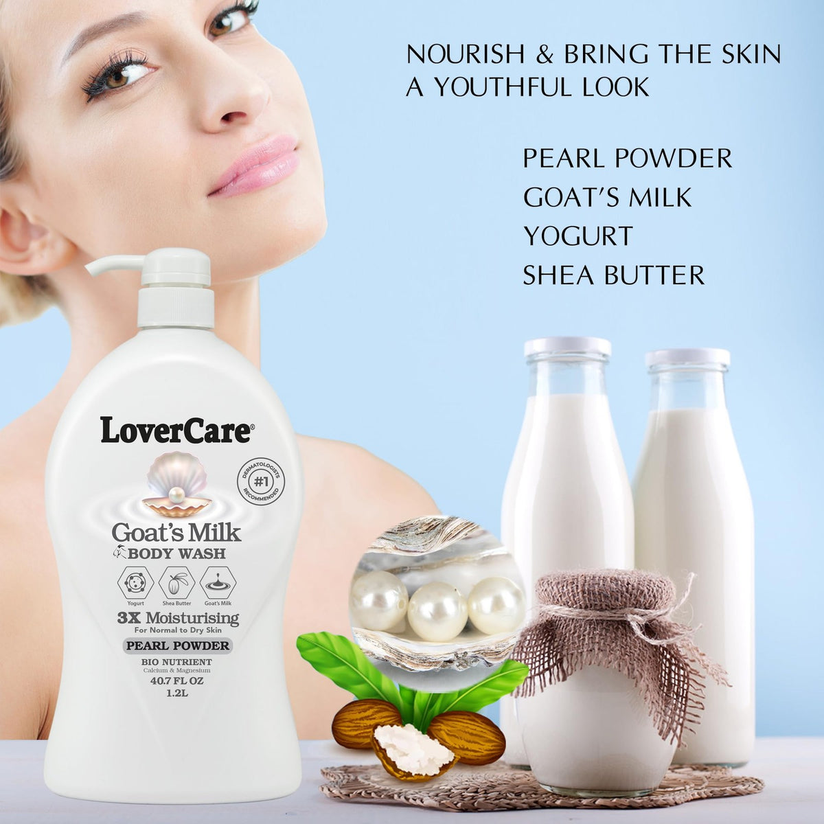 Goat's Milk Body Wash with Pearl Powder 40.7 oz - Nourishing Moisturizing Shower Cream