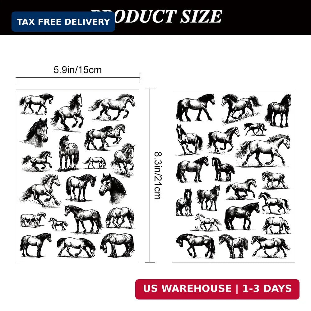 Horse Temporary Tattoos for Adults – 2 Sheets Black & White Realistic Sketch