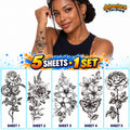5 Sheets Temporary Tattoo Set - Floral Rose, Snake & Butterfly Waterproof