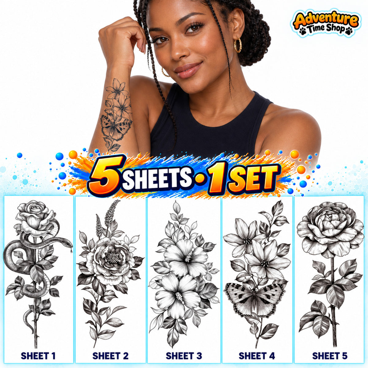 5 Sheets Temporary Tattoo Set - Floral Rose, Snake & Butterfly Waterproof