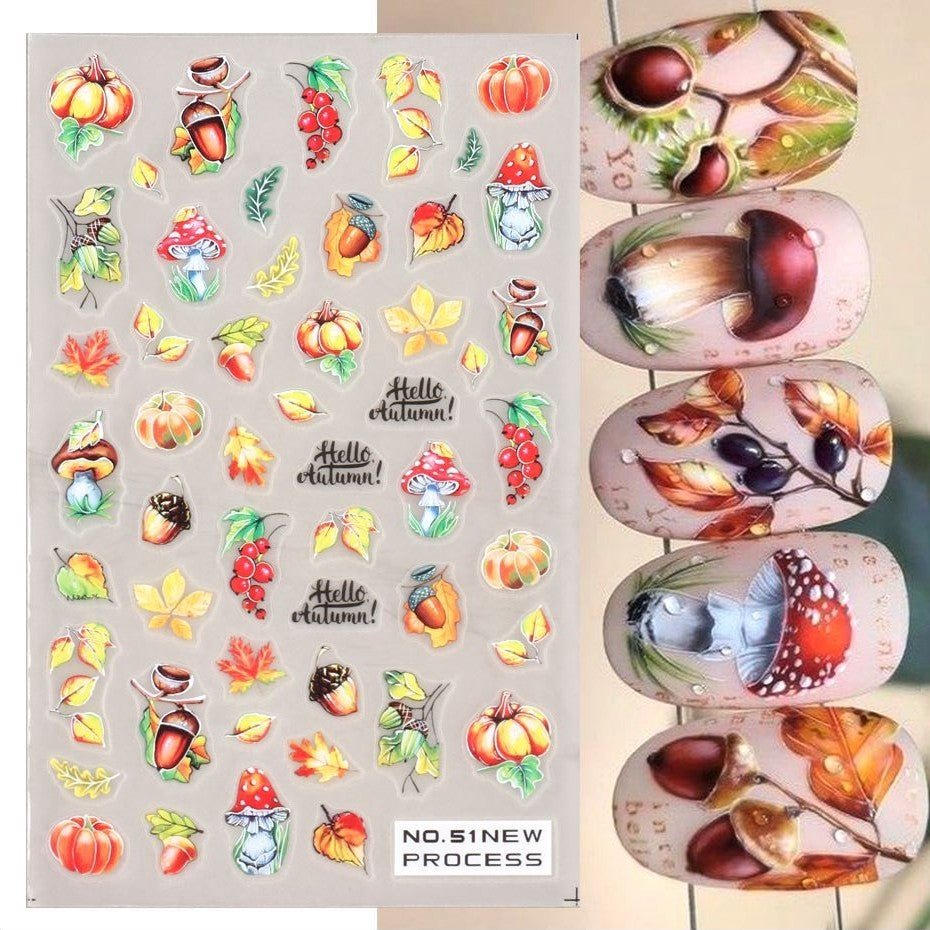 Fall Leaves Nail Art Stickers with Pumpkin Mushrooms & Acorns - Self-Adhesive Autumn Decals